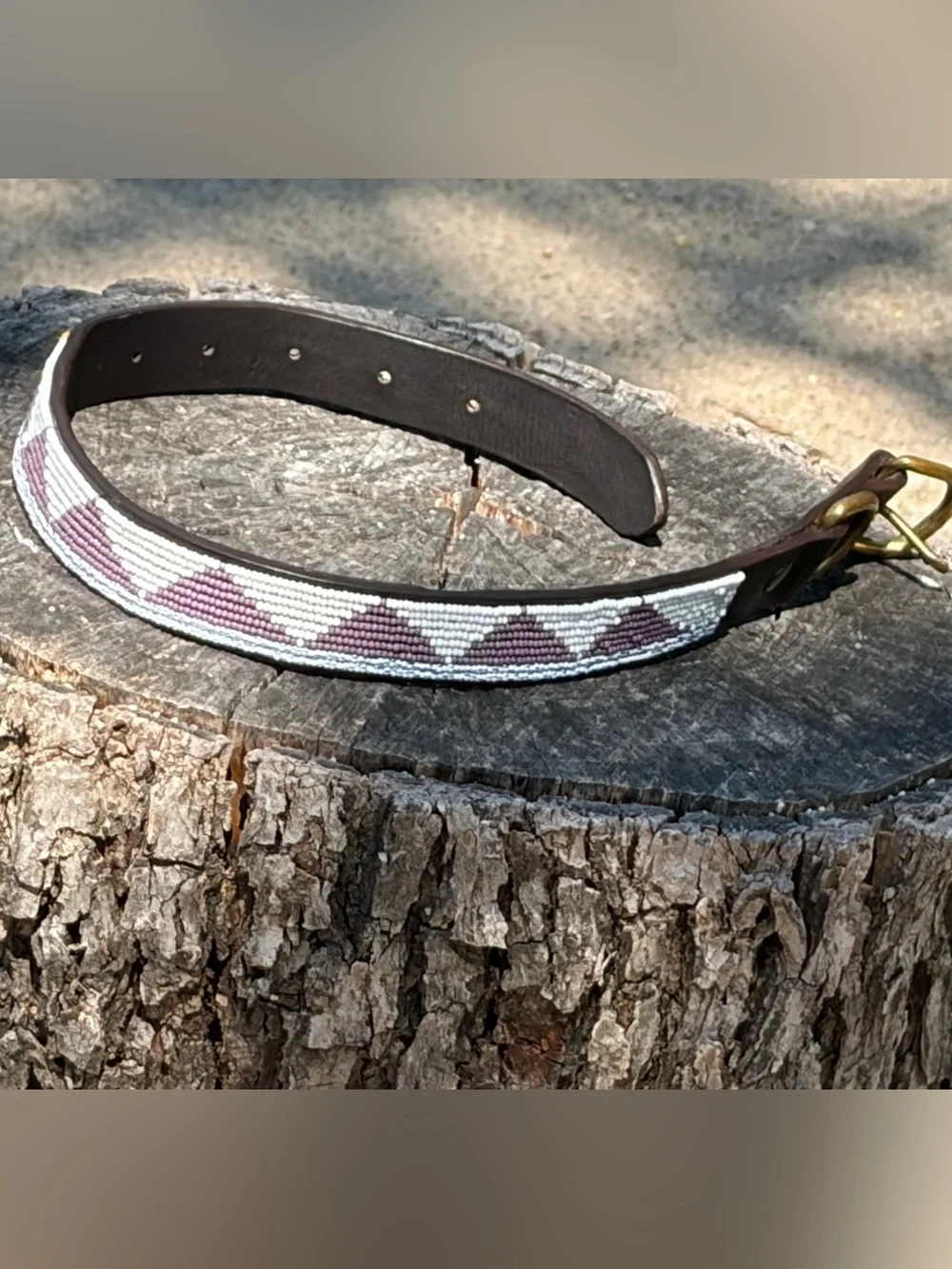 Hand-Beaded Leather Dog Collar- Black/Cream/Lavender/Teal/Yellow w/ Brass